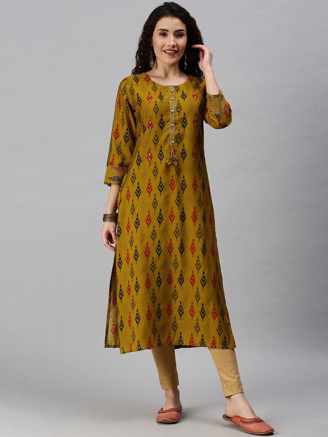 

SHOWOFF Women Mustard Yellow Ethnic Motifs Printed Thread Work Straight Kurta
