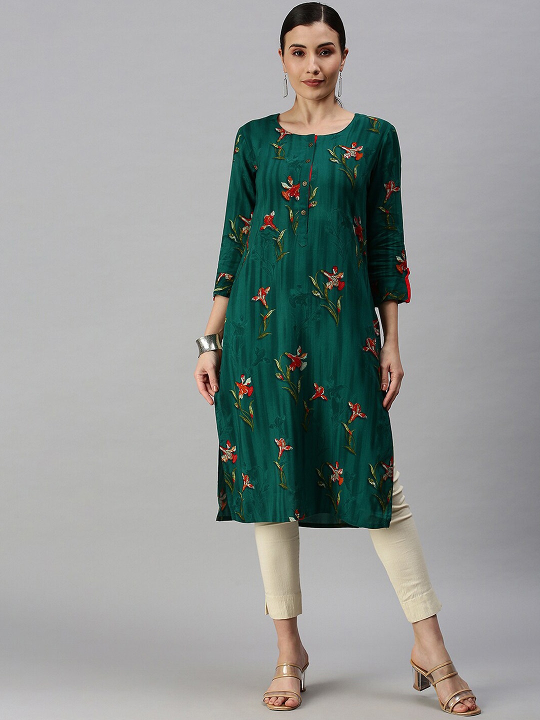 

SHOWOFF Women Green Floral Printed Cotton Kurta