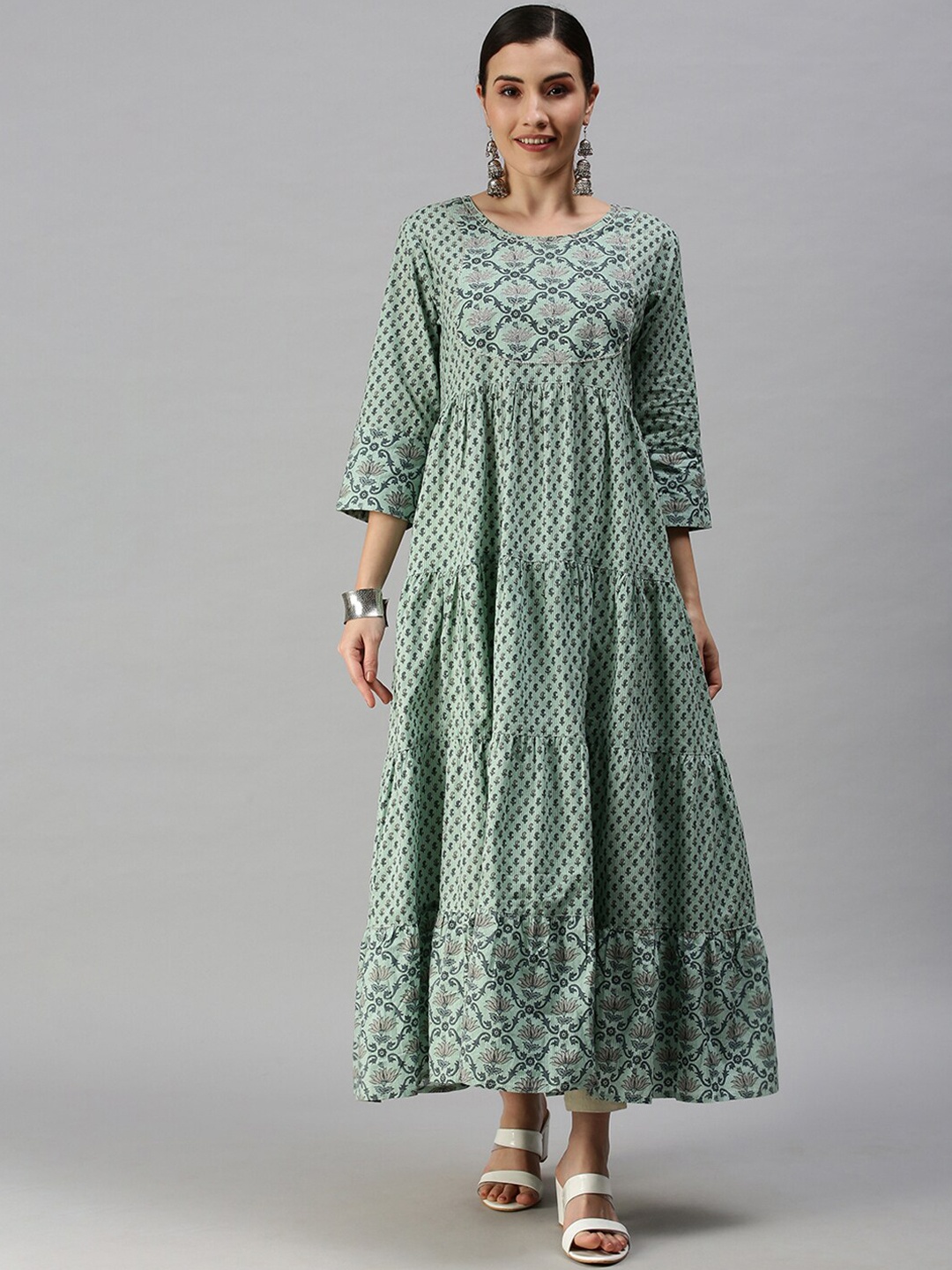 

SHOWOFF Women Green & Grey Floral Printed Cotton Anarkali Kurta