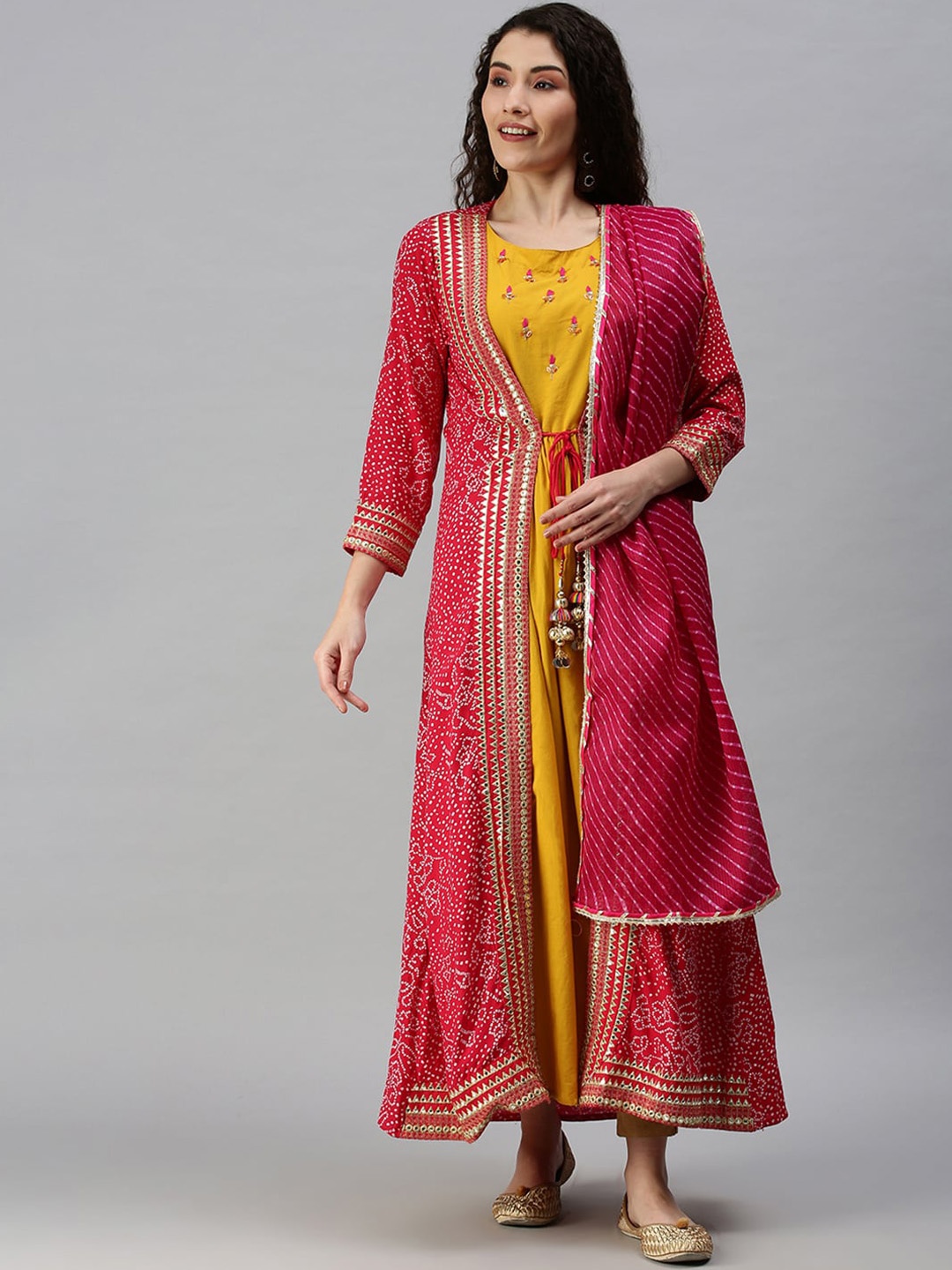 SHOWOFF Women Yellow & Pink Bandhani Cotton Blend Zari Anarkali Kurta