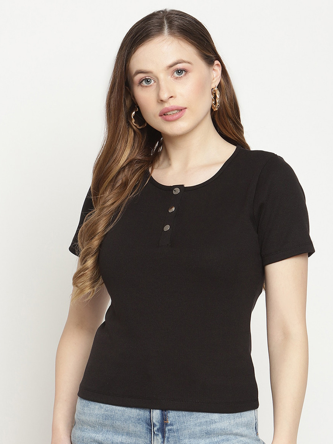 

Madame Women Black Solid Short Sleeves Cotton Blend Top