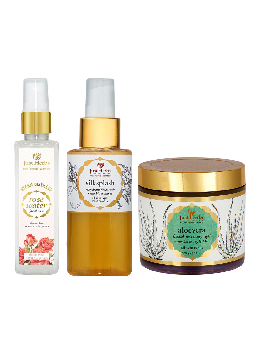 

Just Herbs Set of Rose Water Face Mist-Face Wash & Face Massage Gel, Green