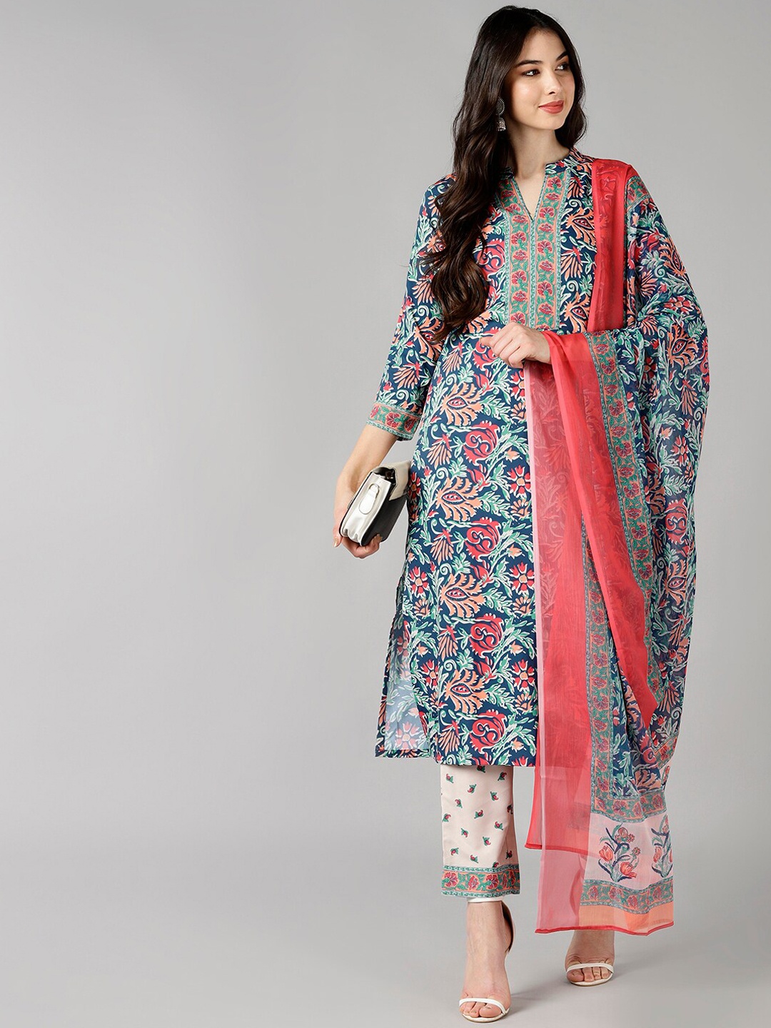 

AHIKA Women Blue Ethnic Motifs Printed Kurta with Trousers & With Dupatta