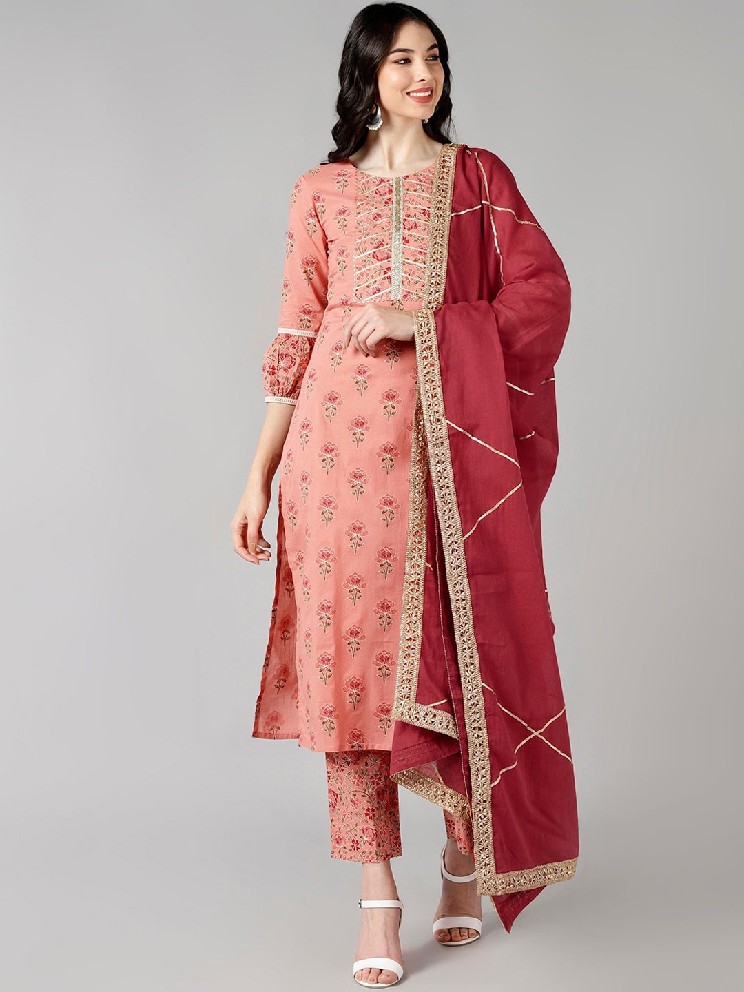 

AHIKA Women Peach-Coloured Ethnic Motifs Printed Gotta Patti Pure Cotton Kurta with Trousers & With Dupatta