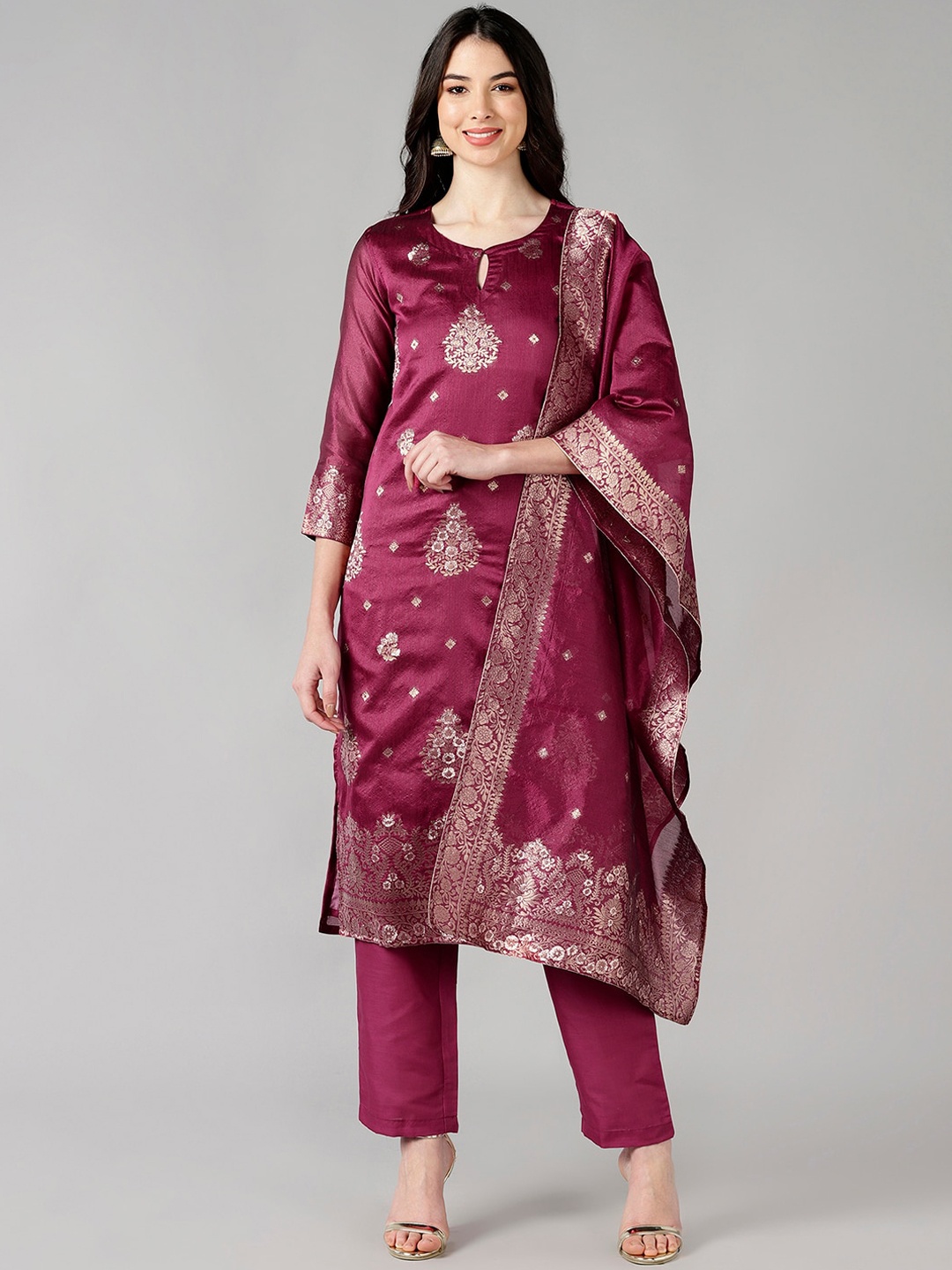 

AHIKA Women Maroon Ethnic Motifs Embroidered Kurta with Trousers & With Dupatta