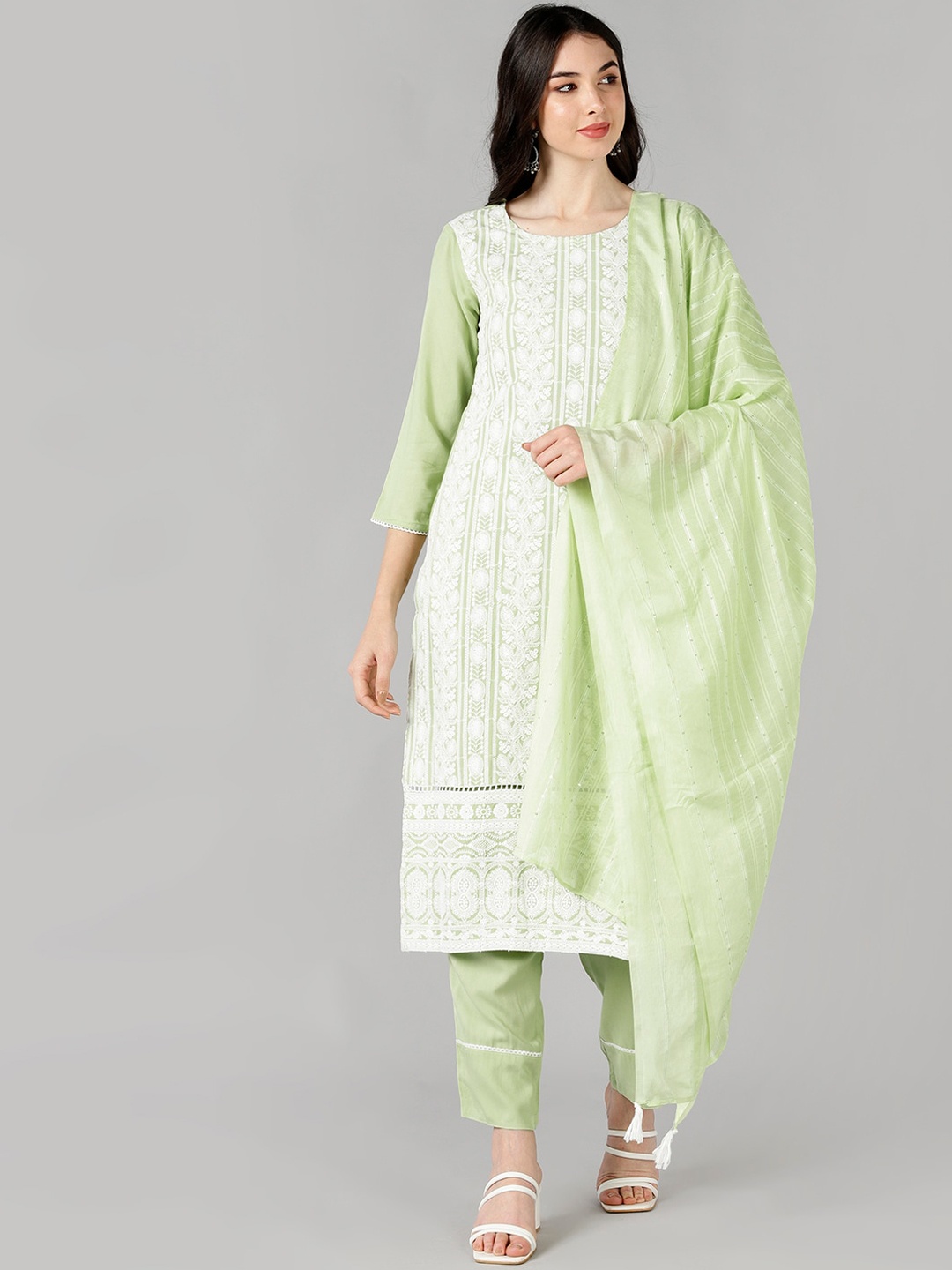 

AHIKA Women Sage Green Ethnic Motifs Embroidered Kurta with Trousers & Dupatta