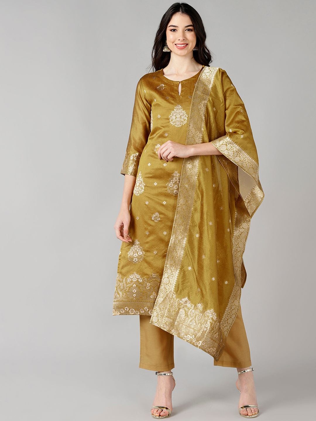 

AHIKA Women Mustard Yellow Ethnic Motifs Kurti with Trousers & With Dupatta