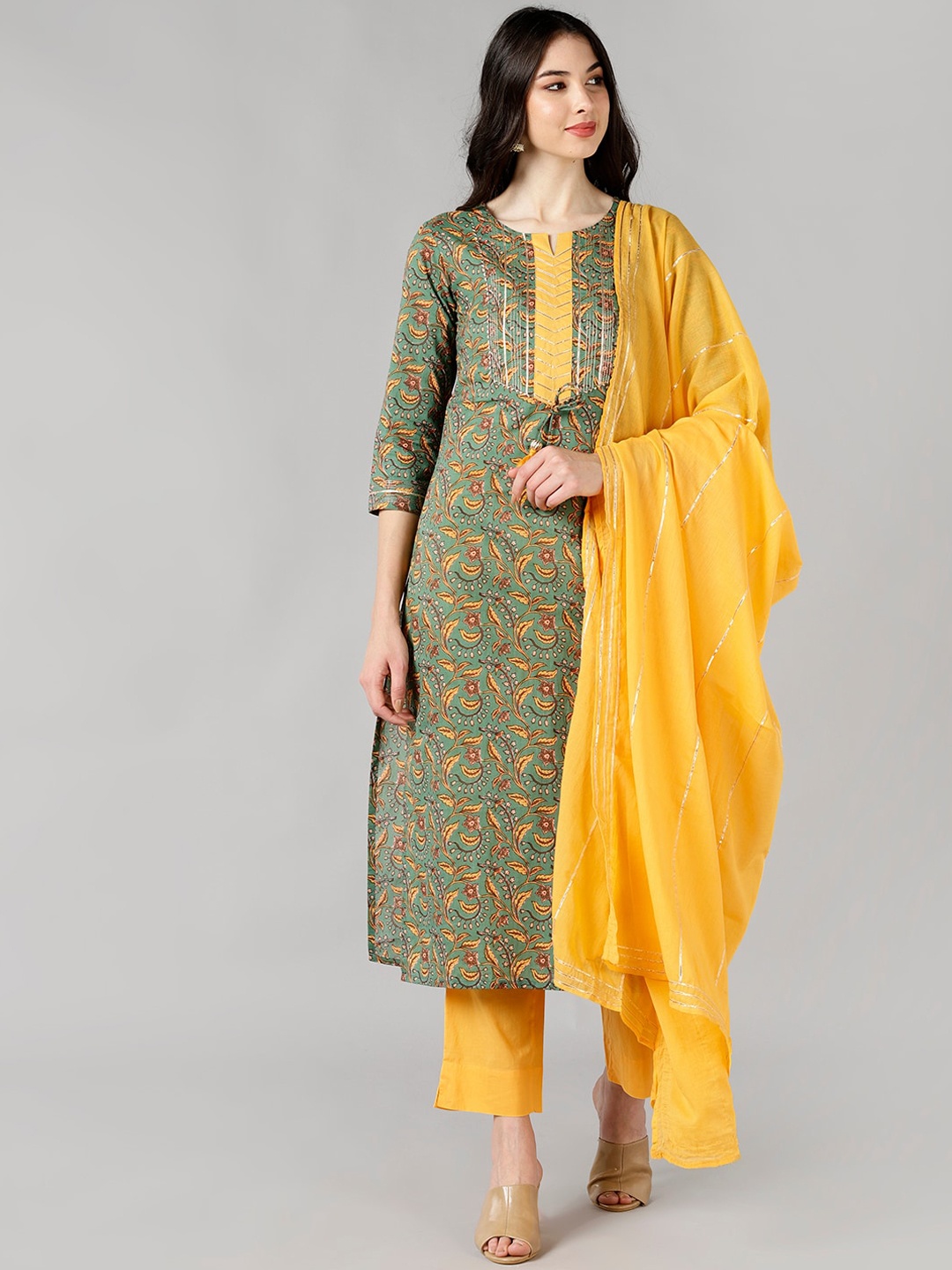 

AHIKA Women Olive Green Ethnic Motifs Printed Pure Cotton Kurta with Trousers & Dupatta