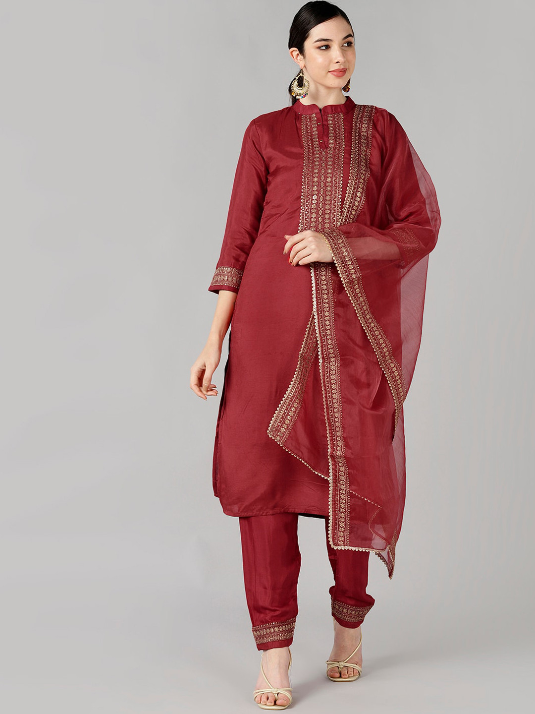 

AHIKA Women Red Ethnic Motifs Yoke Design Kurta with Churidar & With Dupatta