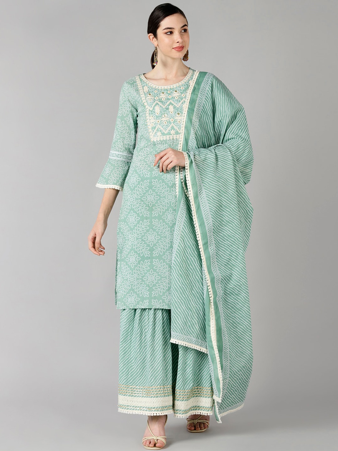 

AHIKA Women Sea Green Leheriya Embroidered Pure Cotton Kurti with Sharara & Dupatta