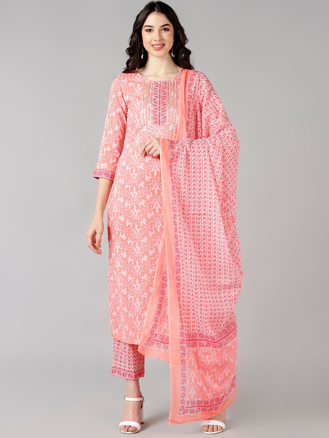 

AHIKA Women Peach-Coloured Ethnic Motifs Printed Pure Cotton Kurta with Trousers & With Dupatta