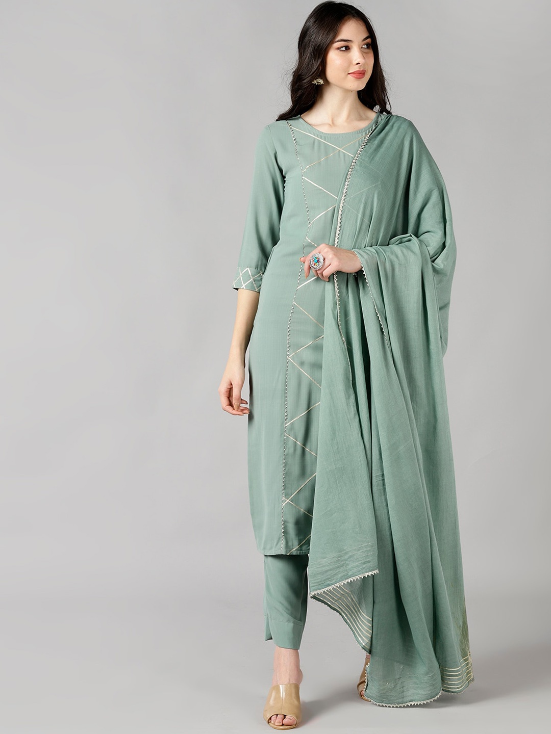 

AHIKA Women Olive Printed Kurta with Trousers & Dupatta