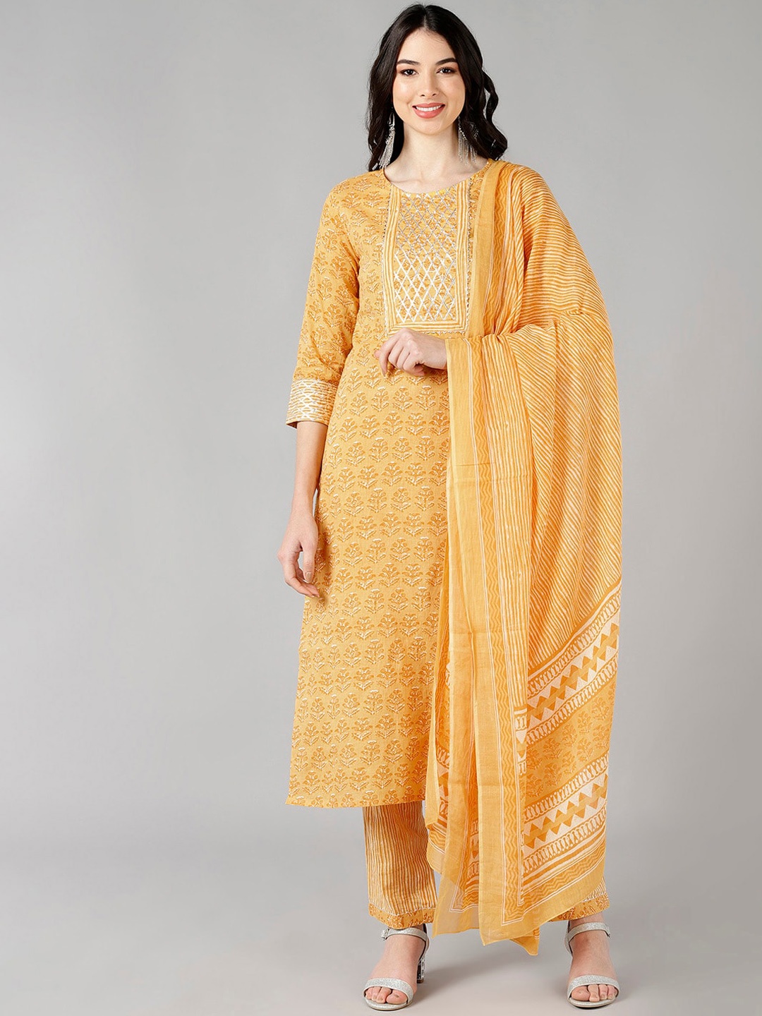 

AHIKA Women Mustard Yellow Floral Printed Gotta Patti Pure Cotton Kurta with Trousers & With Dupatta