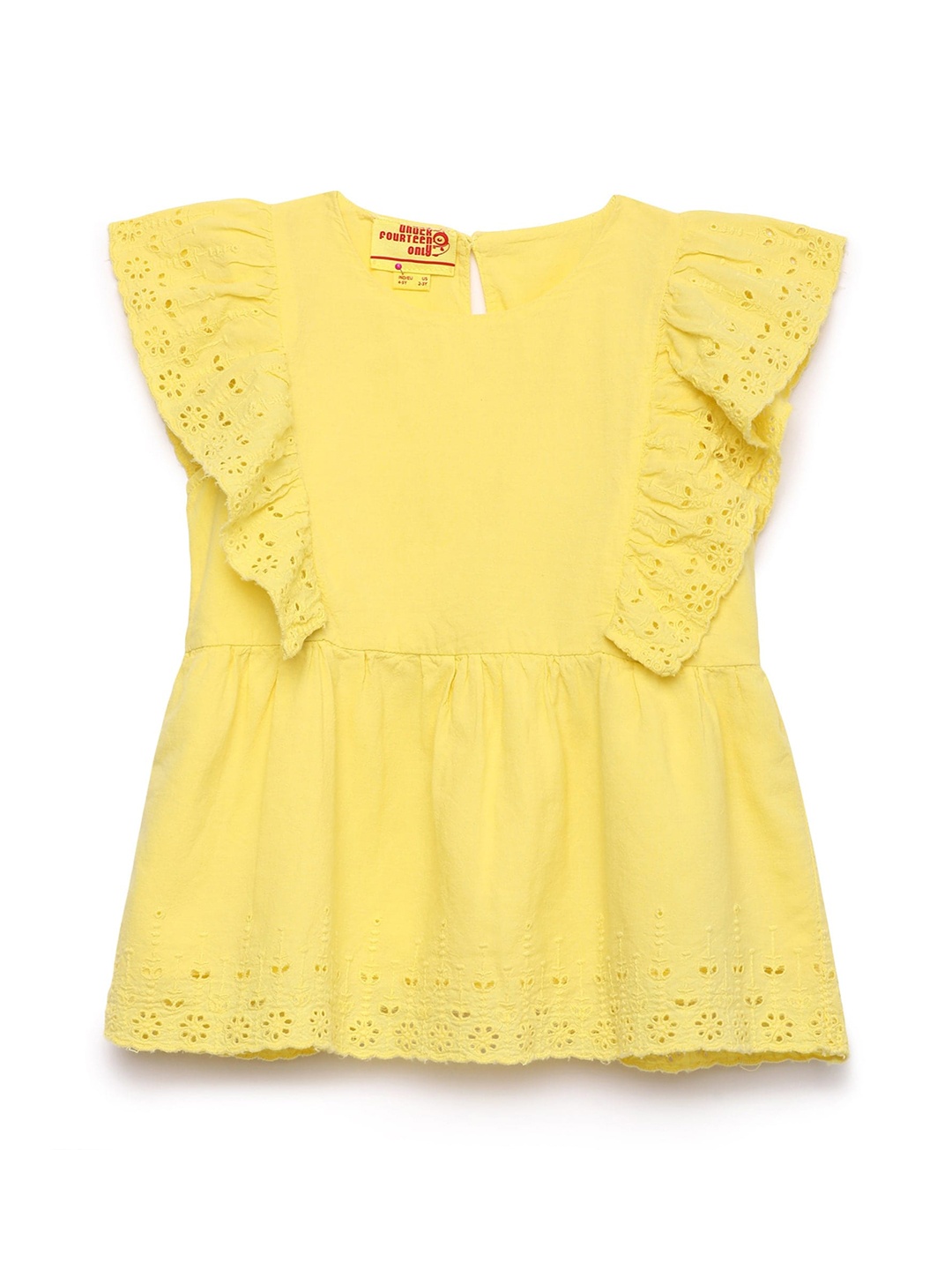 

UNDER FOURTEEN ONLY Girls Yellow Self Design Pure Cotton Top