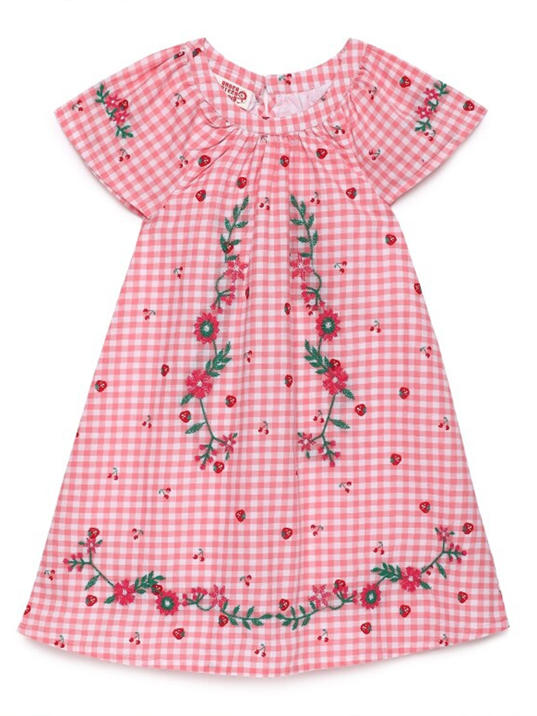 

UNDER FOURTEEN ONLY Peach-Coloured & Red Checked A-Line Cotton Dress