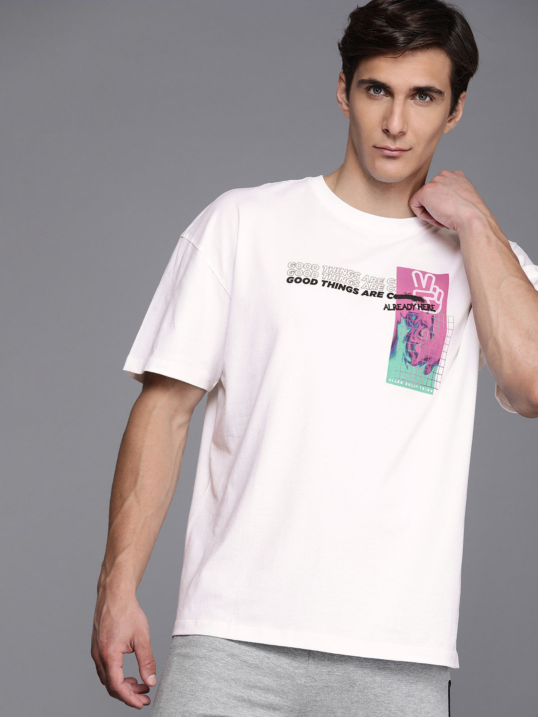 

Allen Solly Tribe Men Pink & Black Typography Printed Drop-Shoulder Sleeves T-shirt