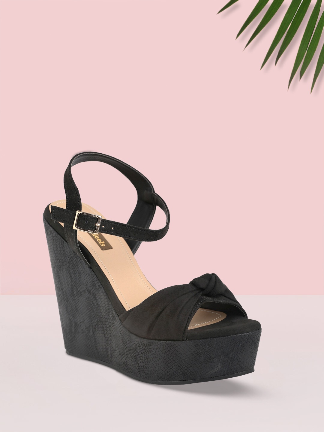 

Flat n Heels Black Suede Wedge Sandals With Ankle Loop & Bow Detail