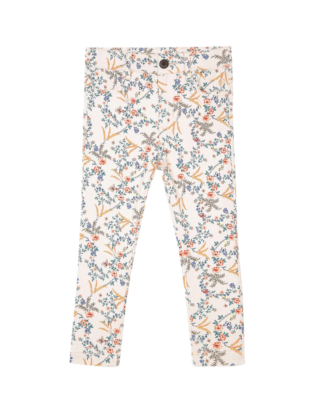

UNDER FOURTEEN ONLY Girls Beige Floral Printed Slim Fit Trousers
