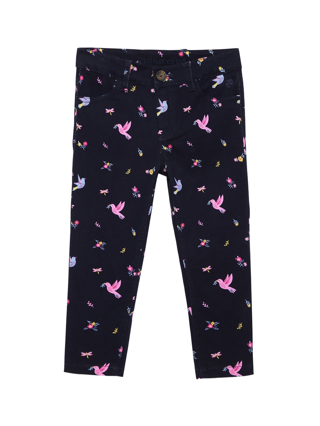 

UNDER FOURTEEN ONLY Girls Navy Blue & Pink Printed Cotton Slim Fit Trousers