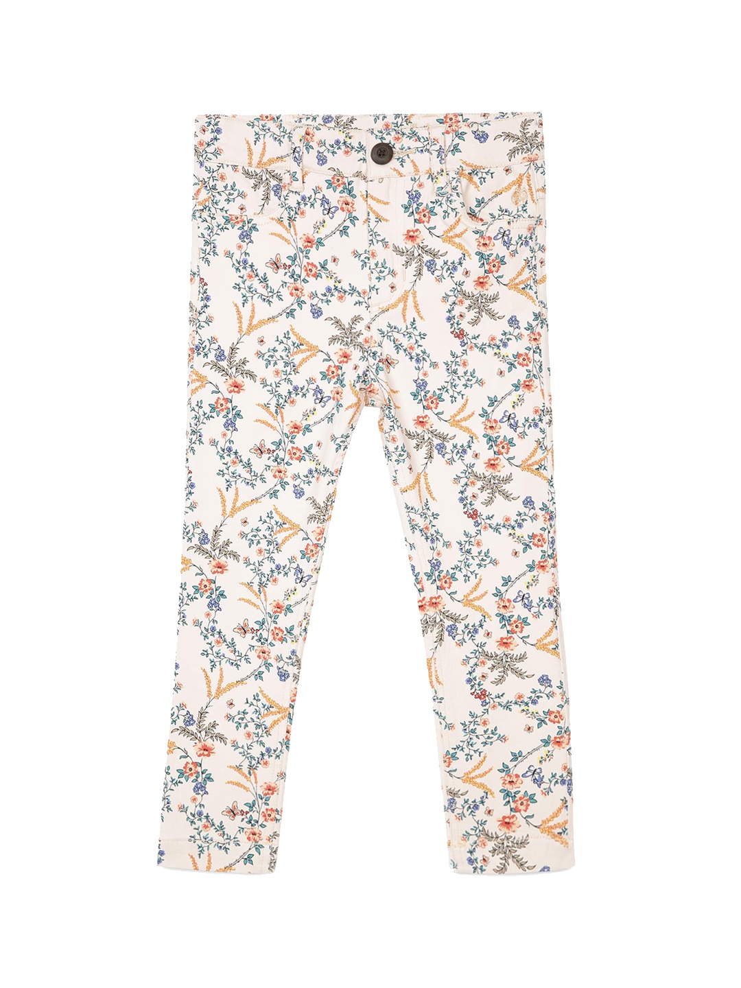 

UNDER FOURTEEN ONLY Girls Beige Floral Printed Slim Fit Cotton Trousers