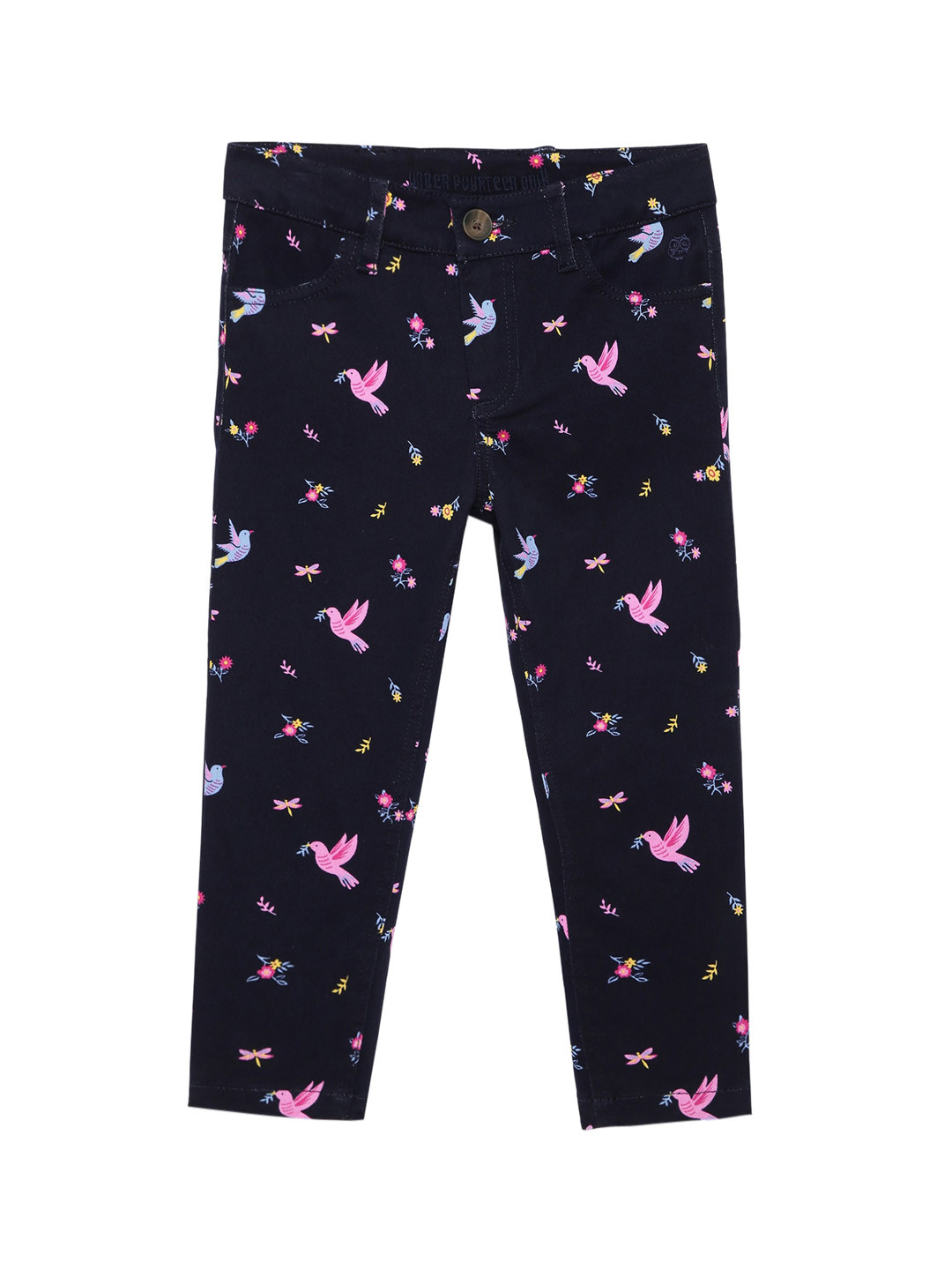 

UNDER FOURTEEN ONLY Girls Navy Blue Cotton Printed Slim Fit Trousers