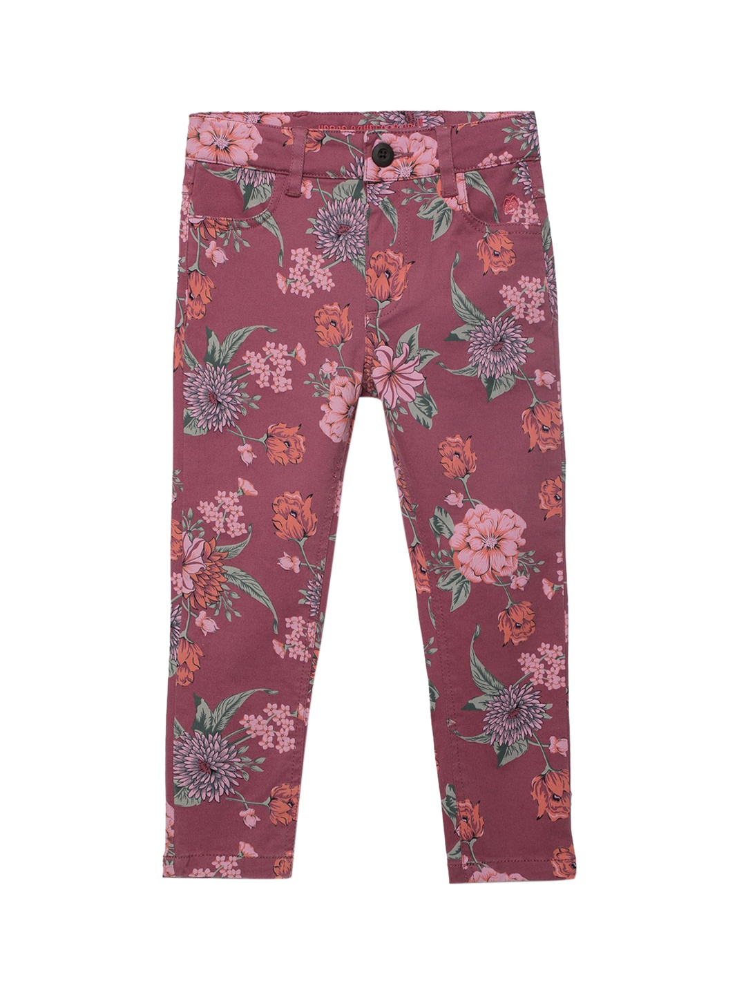 

UNDER FOURTEEN ONLY Girls Maroon Floral Printed Slim Fit Cotton Trousers