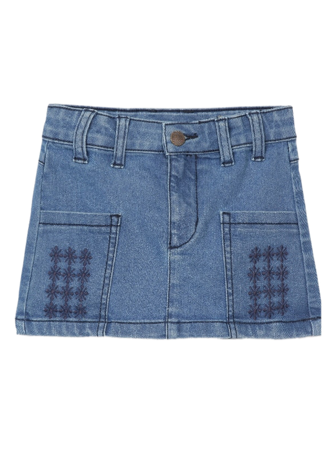 

UNDER FOURTEEN ONLY Girls Navy Blue Pure Cotton Denim Embroidery Skirt