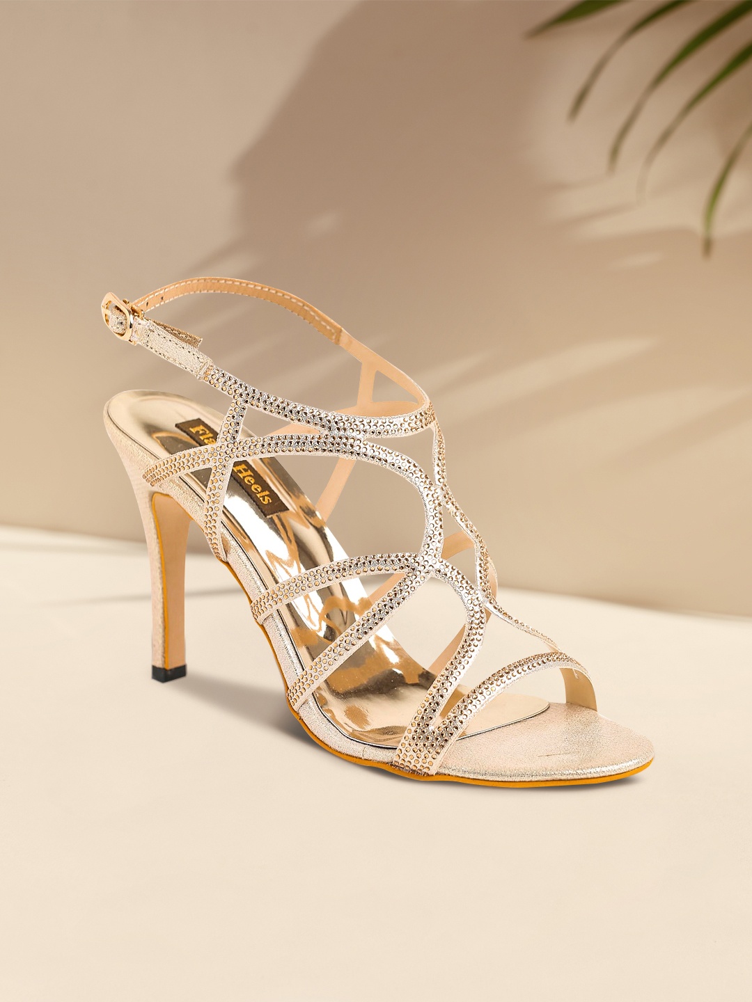 

Flat n Heels Gold-Toned Embellished Open Toes Stiletto With Ankle Loop