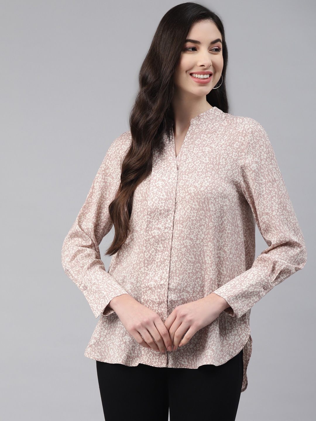 

Marks & Spencer Mauve & Off White Floral Print Mandarin Collar Top