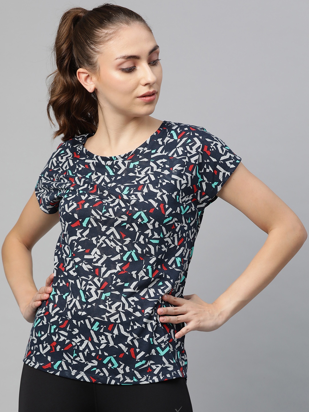 

Marks & Spencer Women Navy Blue & Grey Printed Extended Sleeves T-shirt