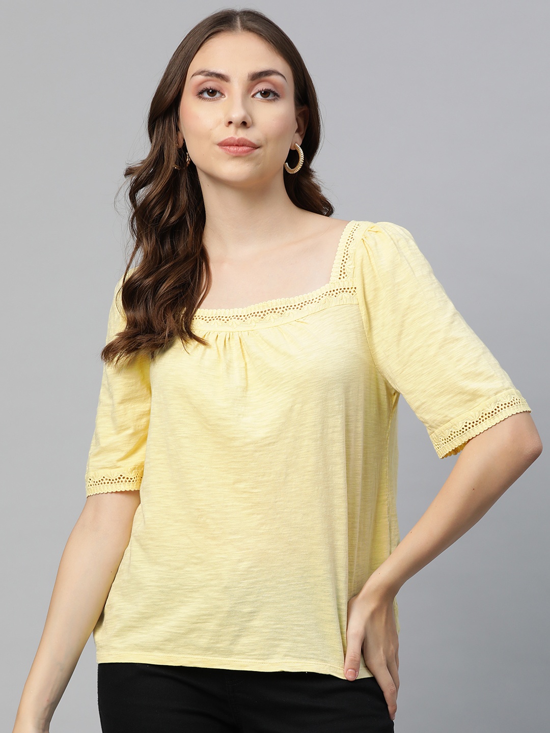 

Marks & Spencer Yellow Pure Cotton Square Neck Lace Top