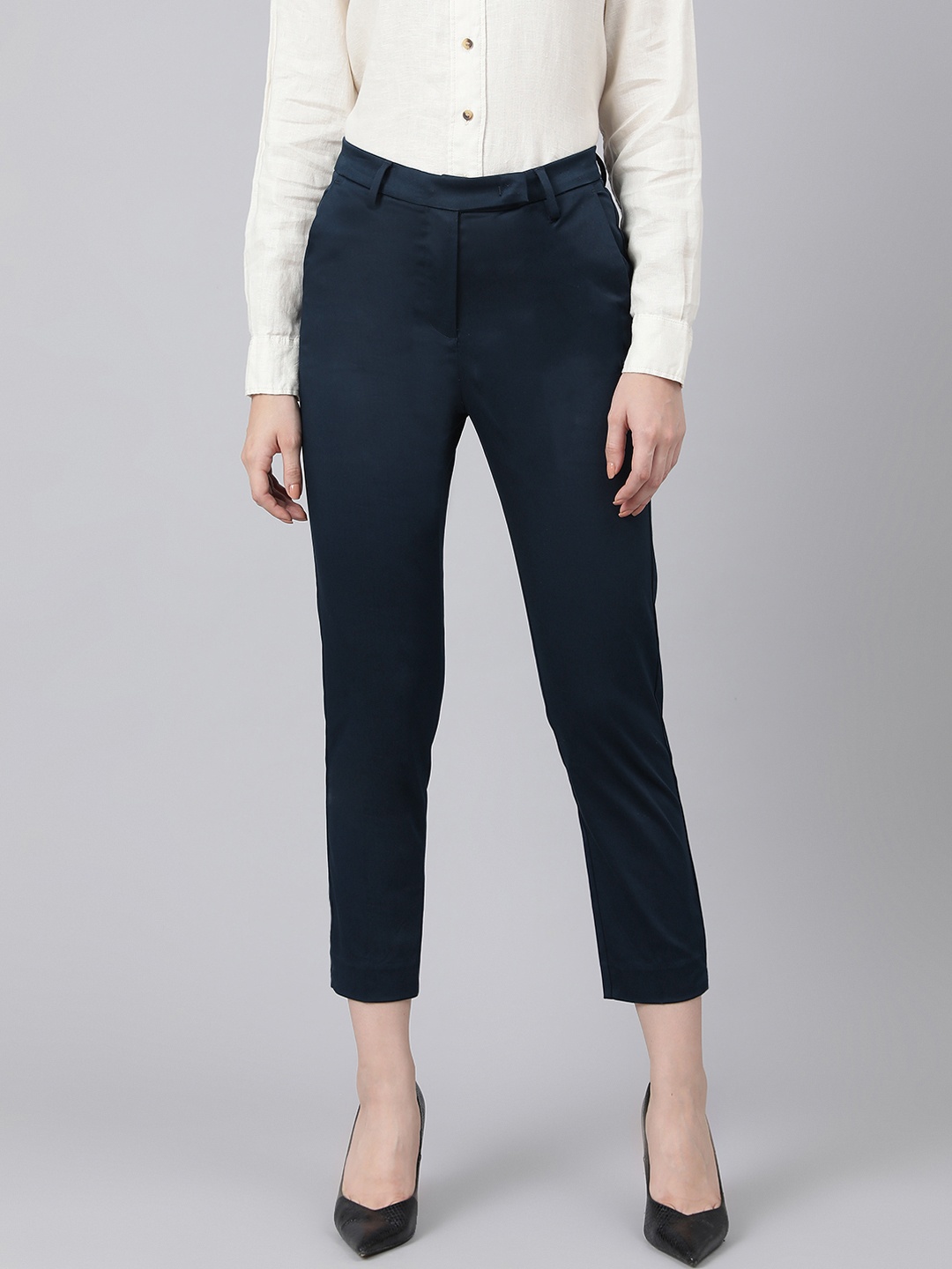 

Marks & Spencer Women Navy Blue Solid Slim Fit Cropped Formal Trousers