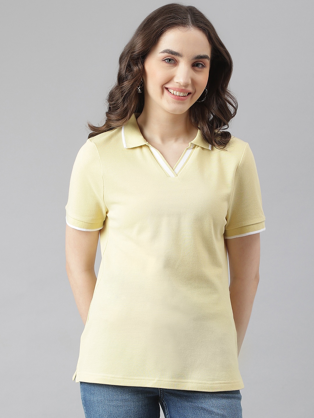 

Marks & Spencer Women Yellow Pure Cotton Polo Collar T-shirt