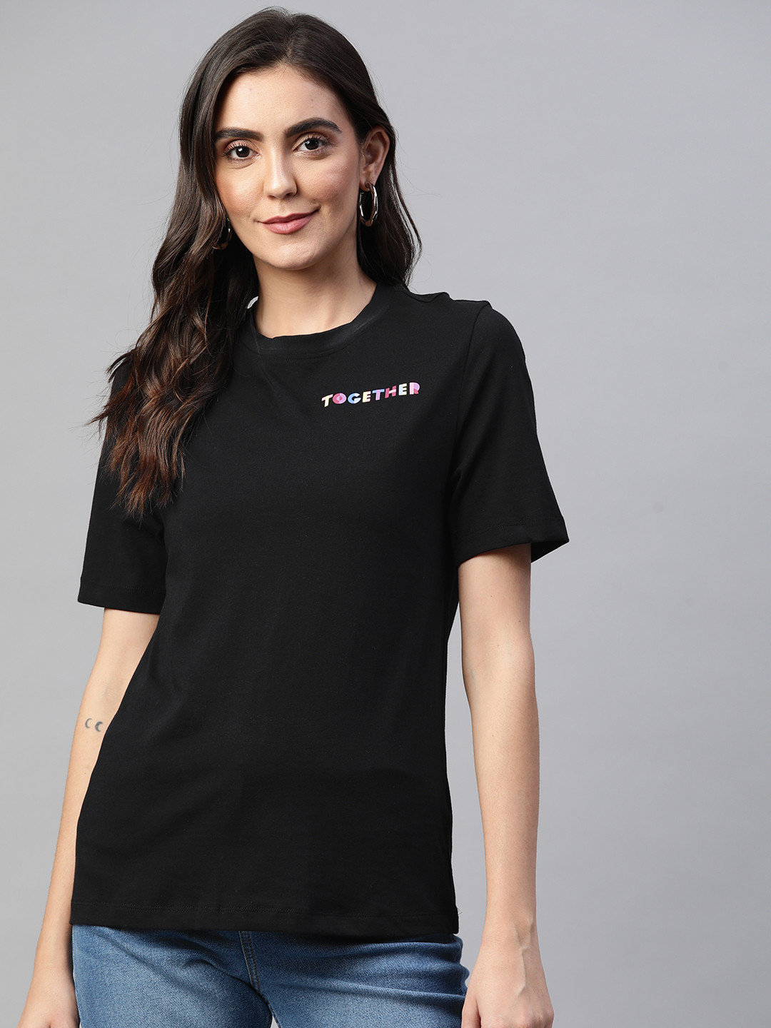 

Marks & Spencer Women Black Typography Printed Pure Cotton T-shirt