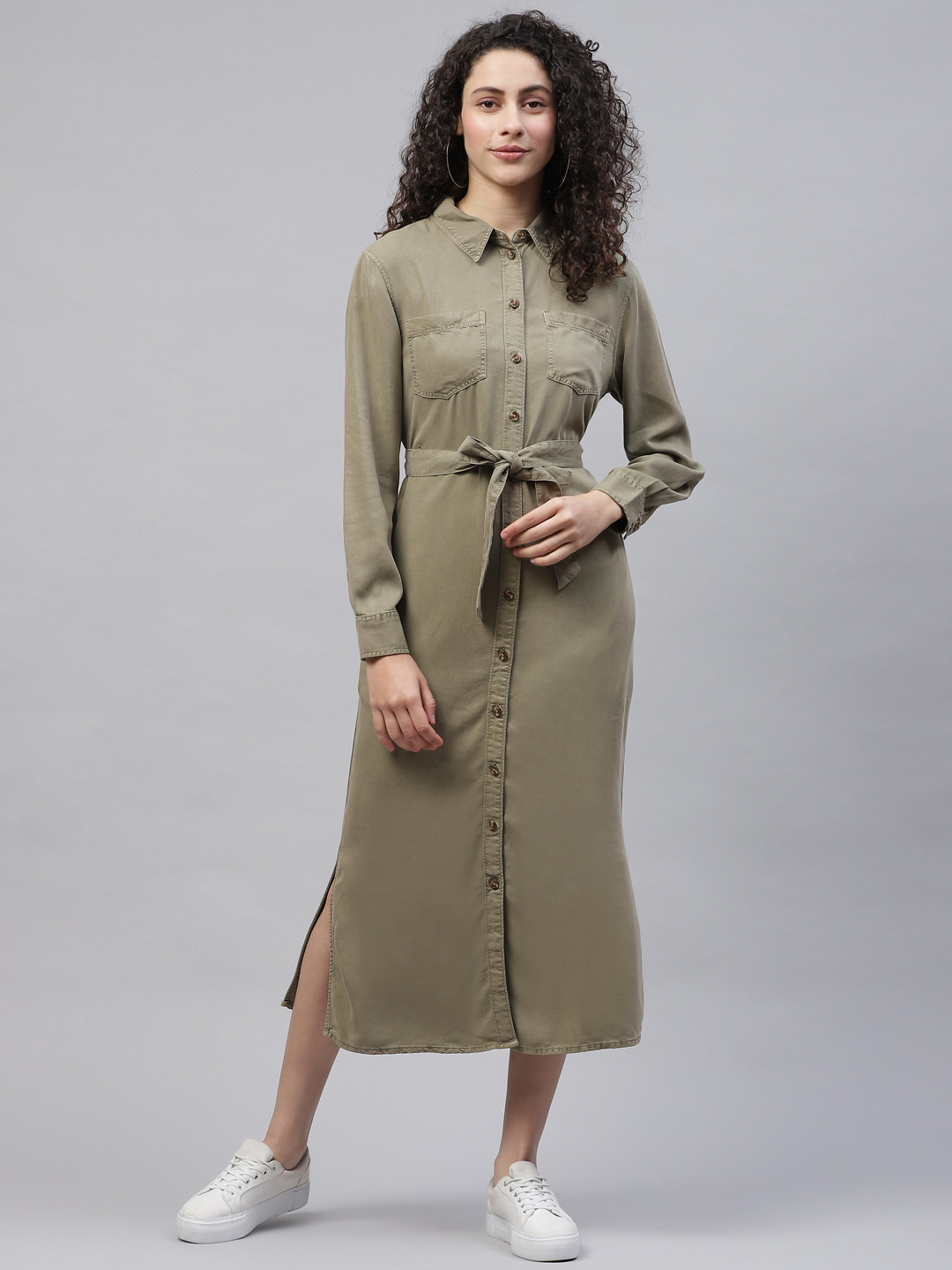 

Marks & Spencer Olive Green Solid Shirt Midi Dress with Belt