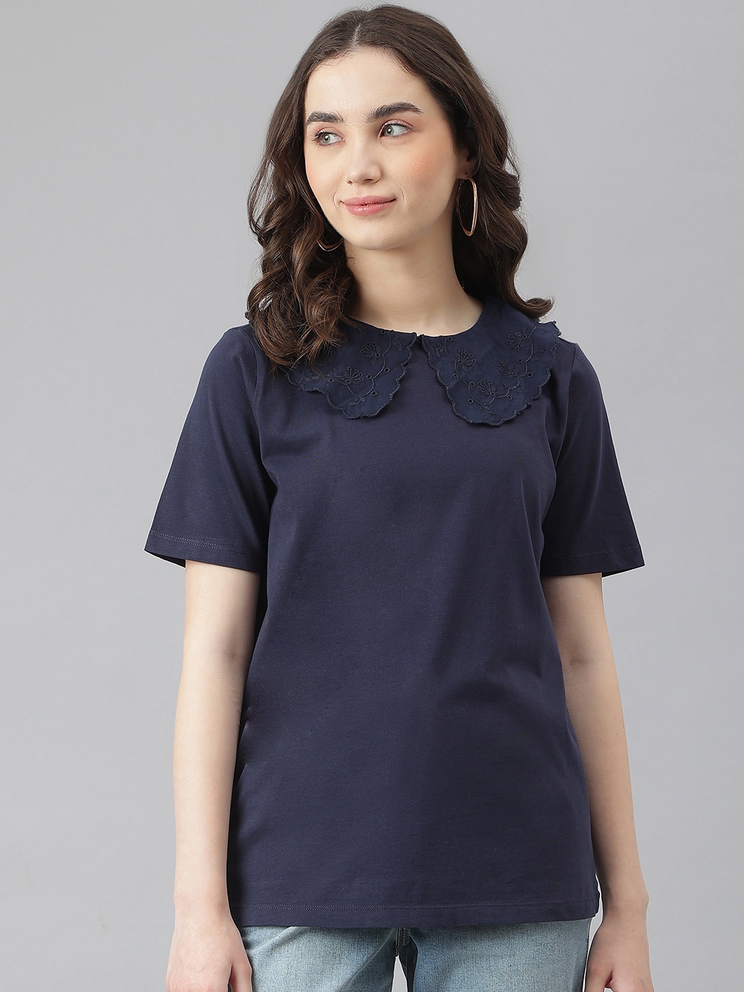 

Marks & Spencer Women Navy Blue Pure Cotton Solid Peter Pan Collar Top