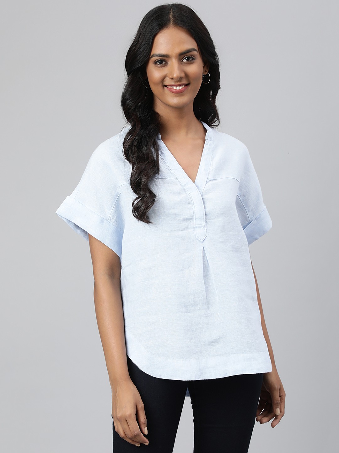 

Marks & Spencer Blue Solid Extended Sleeves Linen Top