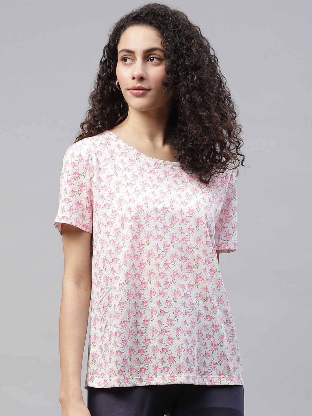 

Marks & Spencer Women White & Pink Floral Printed T-shirt