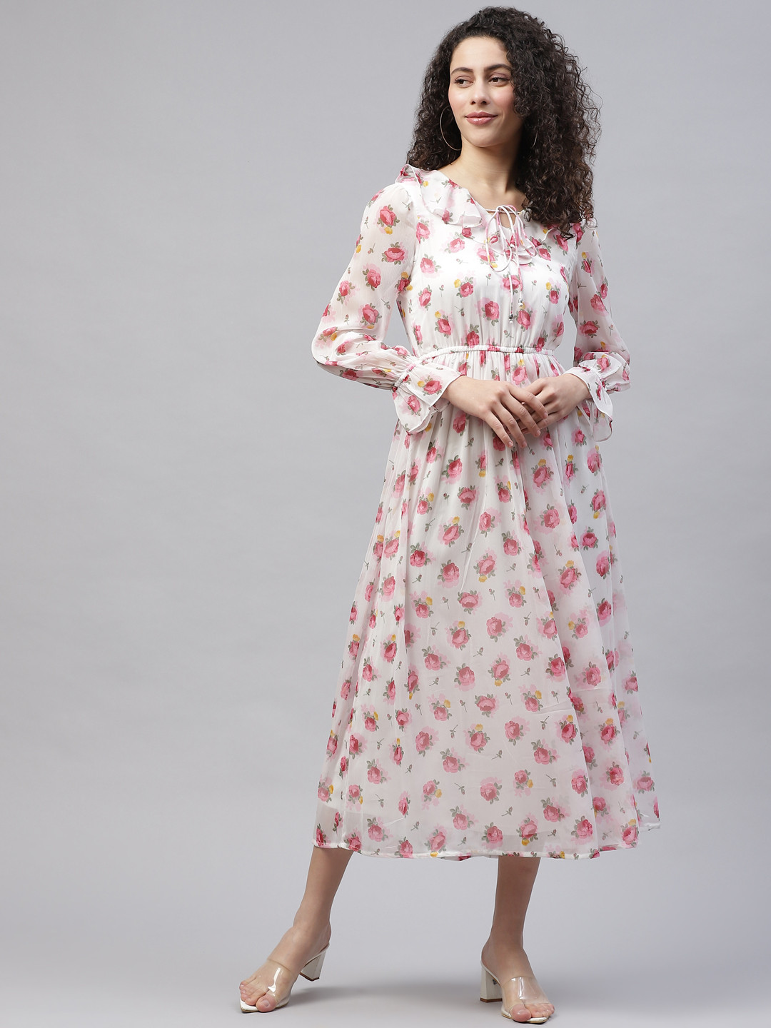 

Marks & Spencer White & Pink Floral Printed Ruffled A-Line Midi Dress