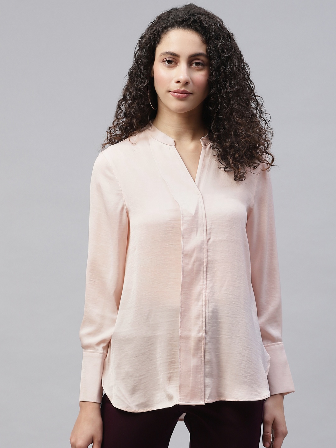 

Marks & Spencer Pink Solid Mandarin Collar Top