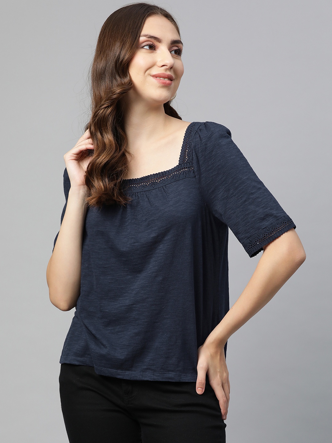 

Marks & Spencer Navy Blue Pure Cotton Square Neck Lace Detail Top