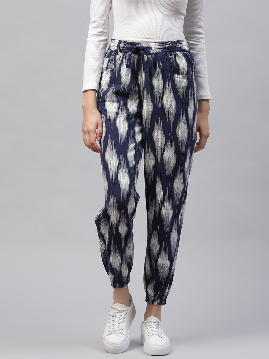 

Marks & Spencer Women Navy Blue Printed Pleated Joggers