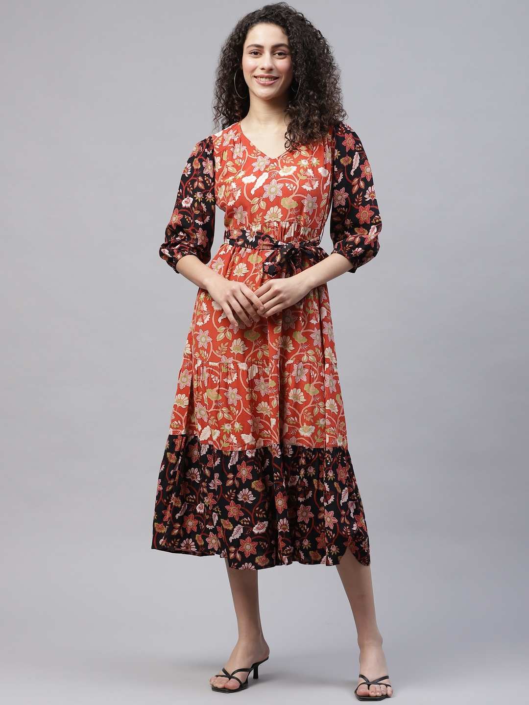 

Marks & Spencer Orange & Black Ethnic Motifs Print Tiered A-Line Midi Dress with Belt