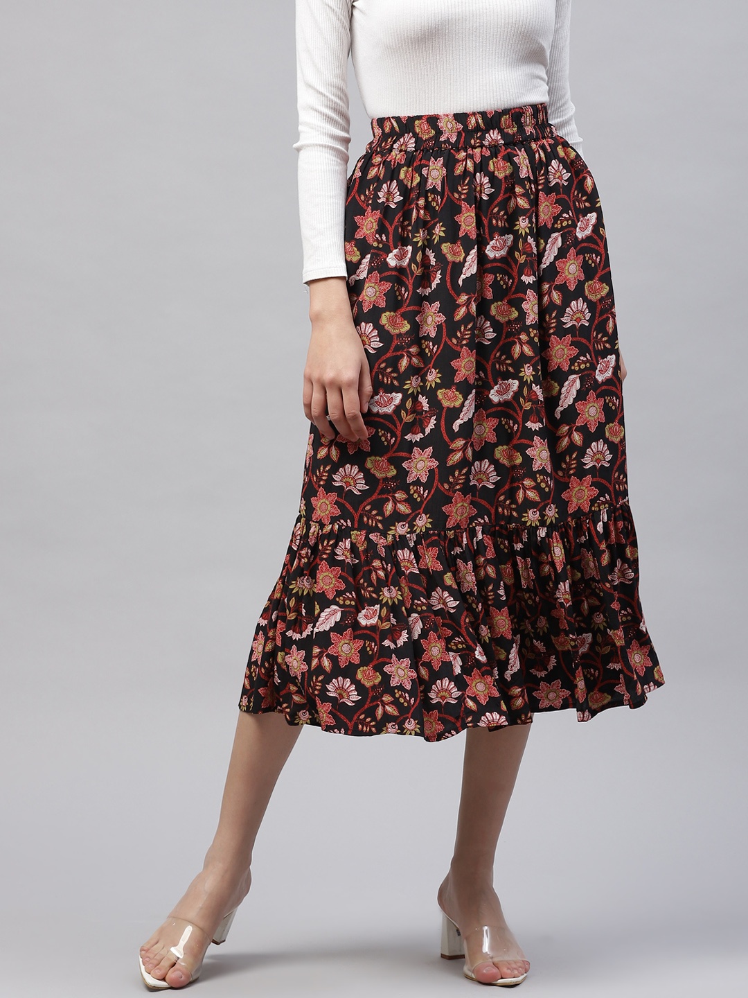 

Marks & Spencer Women Black & Rust Red Printed A-Line Skirt