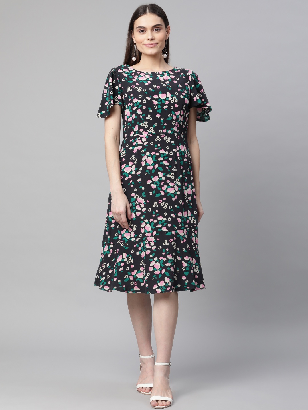 

Marks & Spencer Women Black & Pink Floral Print A-Line Midi Dress