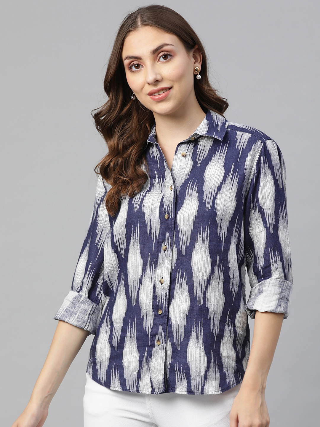 

Marks & Spencer Women Navy Blue Pure Linen Abstract Printed Casual Shirt