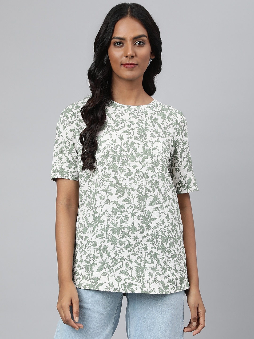 

Marks & Spencer Women White & Green Floral Printed T-shirt