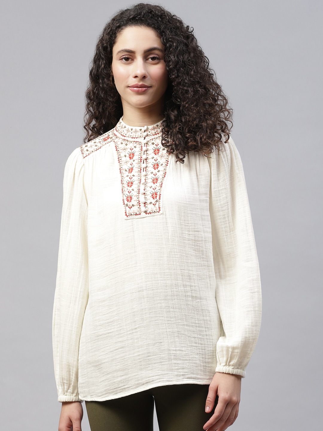 

Marks & Spencer Off White & Red Pure Cotton Yoke Embroidered Top