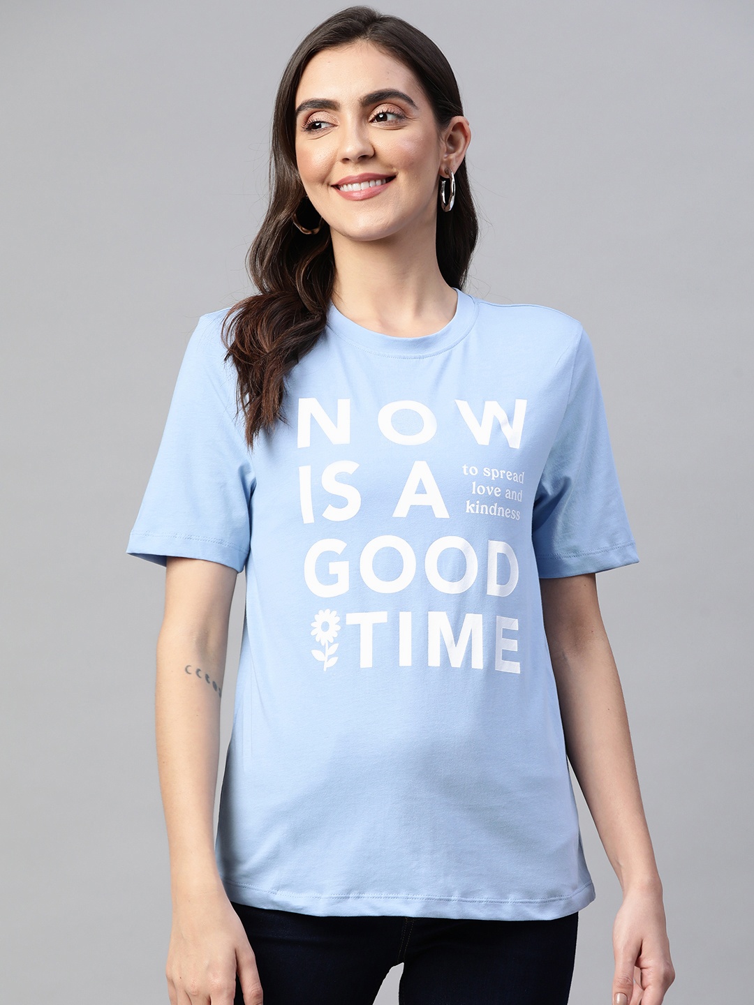

Marks & Spencer Women Blue & White Typography Printed Pure Cotton T-shirt