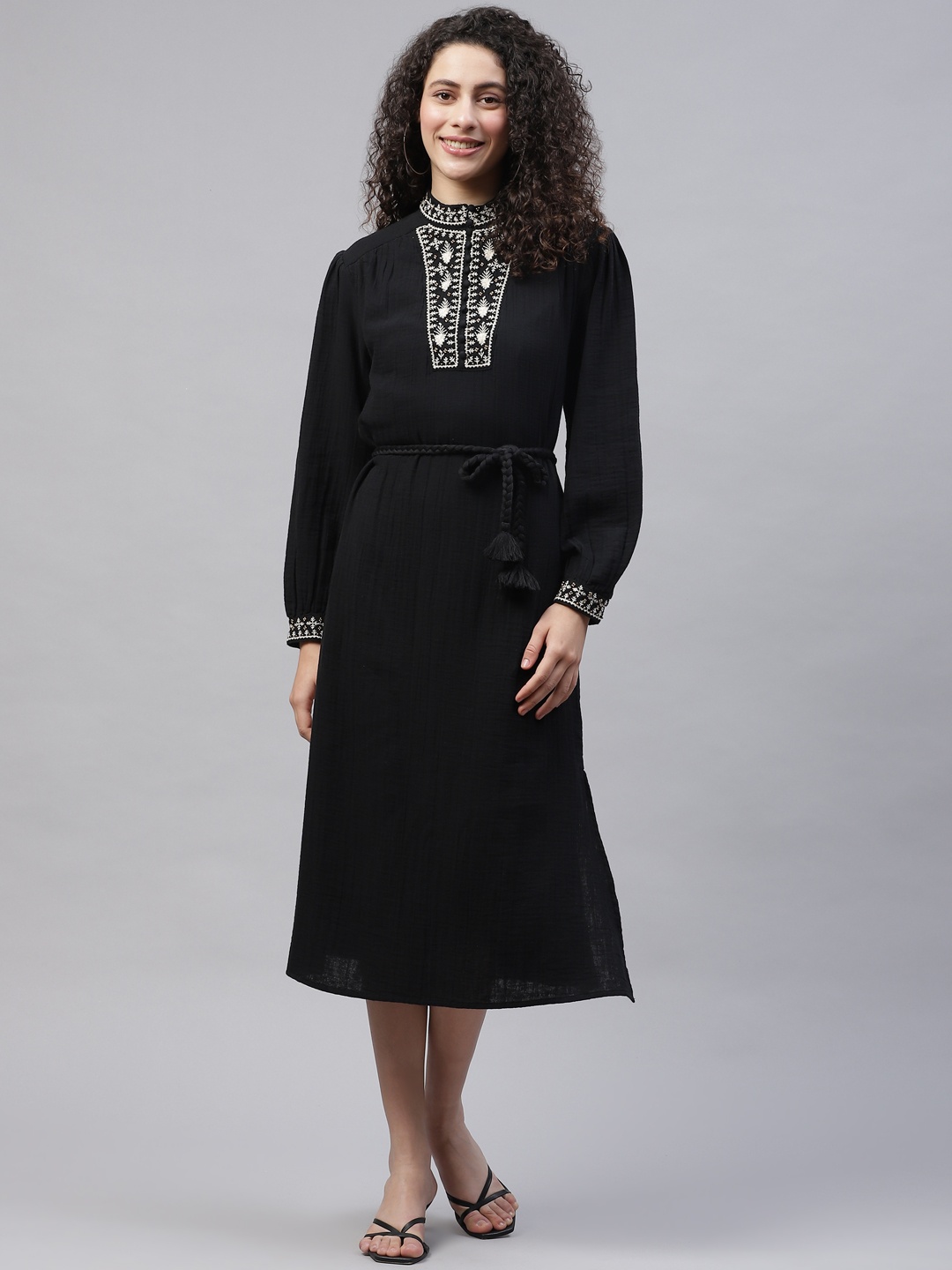 

Marks & Spencer Black Pure Cotton Embroidered A-Line Midi Dress